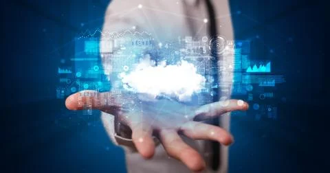 Holding cloud system hologram screen Stock Photos
