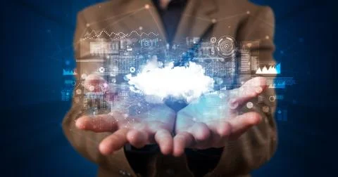 Holding cloud system hologram screen Stock Photos