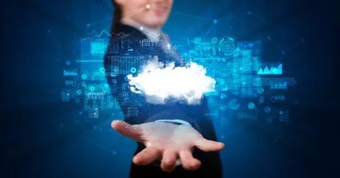 Holding cloud system hologram screen Stock Photos