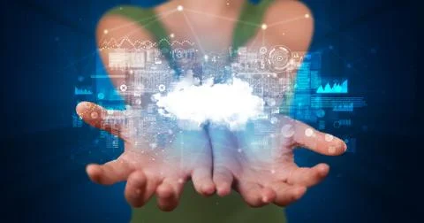 Holding cloud system hologram screen Stock Photos