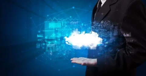 Holding cloud system hologram screen Stock Photos