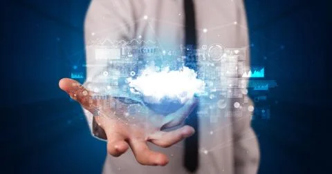 Holding cloud system hologram screen Stock Photos