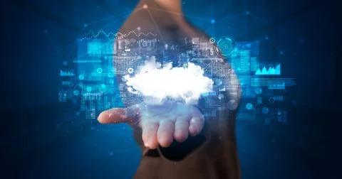 Holding cloud system hologram screen Stock Photos