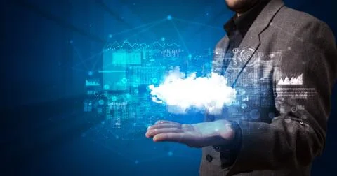 Holding cloud system hologram screen Stock Photos