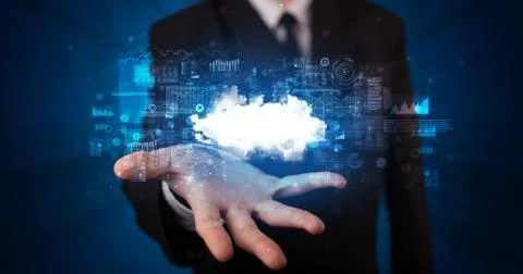 Holding cloud system hologram screen Stock Photos