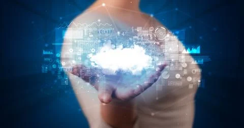 Holding cloud system hologram screen Stock Photos