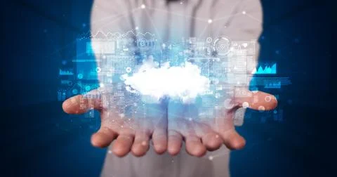 Holding cloud system hologram screen Stock Photos