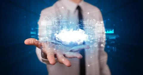 Holding cloud system hologram screen Stock Photos