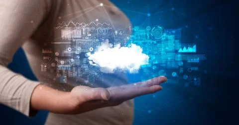 Holding cloud system hologram screen Stock Photos