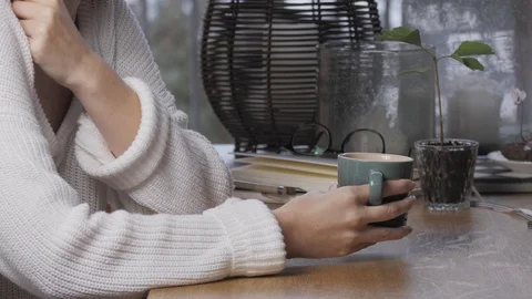 Holding Coffee Cup - Drinking Coffee Closeup 4k - Home Office / Household Stock Footage 127419623