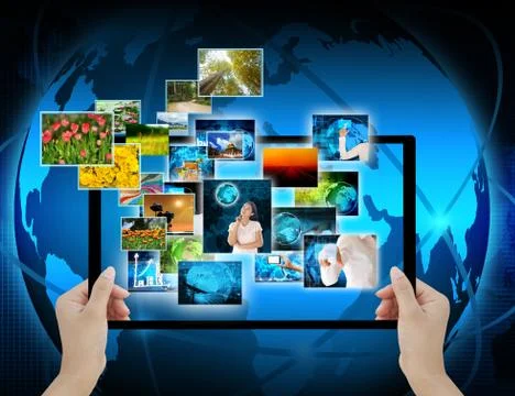 Holding computer display  on technology background 스톡 일러스트