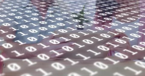 Holding couple's joined hands on light wood table, displaying binary overlay, Stock Photos