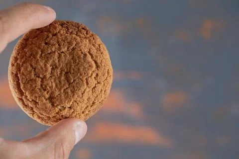 Holding crispy oatmeal cookie between two fingers Stock Photos