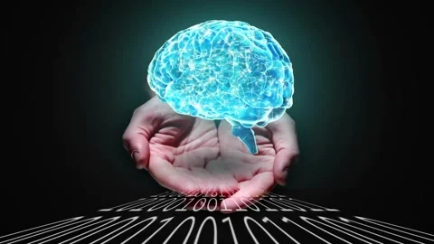 Holding digital brain, hands with binary code flowing underneath in animation Stock Footage 330735998