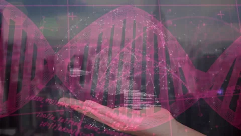 Holding digital DNA strand, hand with data and graphs overlay in animation Stock Footage 305117363