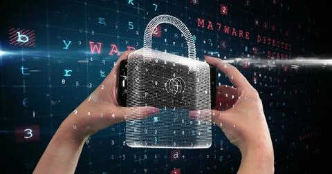 Holding digital lock with binary code, hands emphasizing cybersecurity concept Stockfoto's