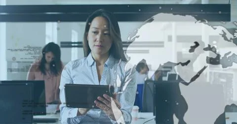 Holding digital tablet middle-aged woman analyzing data at open-plan office, 스톡 사진