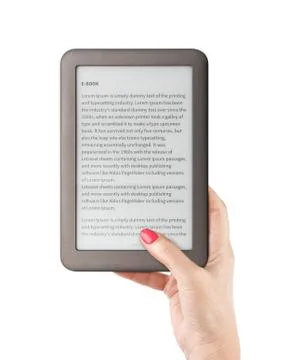 Holding E-book reader in hand Stock Photos