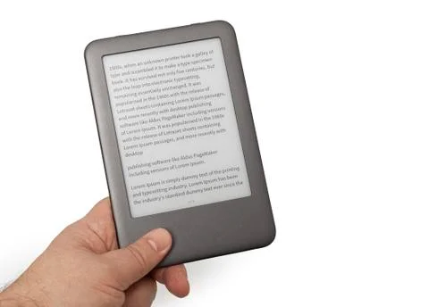 Holding E-book reader in hand Stock Photos