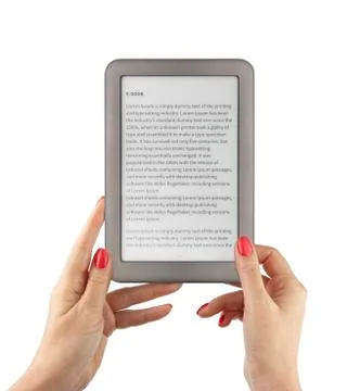 Holding E-book reader in hands Stock Photos