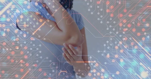 Holding elbow with circuit board pattern, person illustrating animation concept Stock Footage 303585036