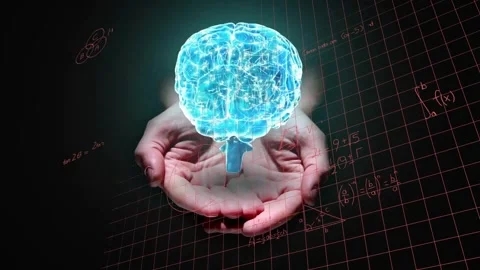 Holding glowing brain animation over mathematical equations on grid background Stock Footage 330400459