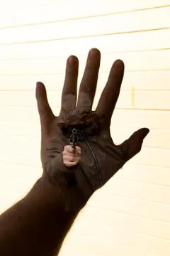 Holding up the hand to stop the robbery Stock-Fotos