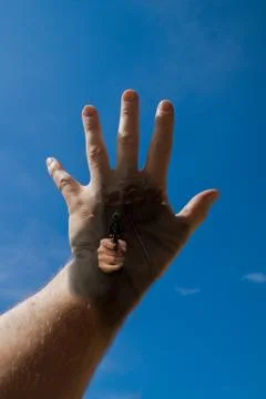 Holding up the hand to stop the robbery Foto stock