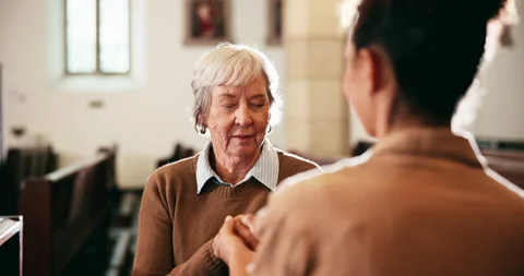 Holding hands, hug and praying with people in church together for Christian Stock Footage 280812295