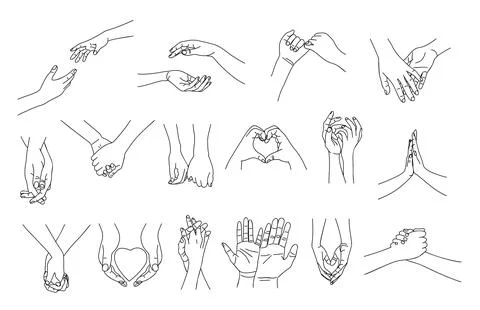 Holding Hands, Outline vector line art Drawing. Stock Illustration