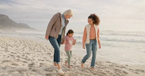 Holding hands, walk and generations with family at beach for support, summer Stock Footage 331052990