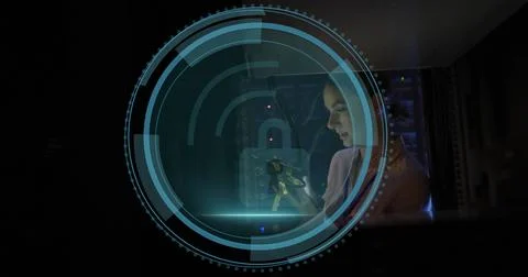 Holding keys, IT tech unlocking server racks at data center, with holographic Foto stock