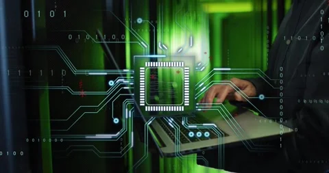 Holding laptop, IT tech in dark shirt typing at datacenter racks with HUD Stock Footage 333968380