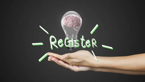 Holding light bulb with brain and Register text, hands showing animation concept Stock Footage 303528141