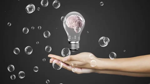 Holding light bulb with brain inside, hand surrounded by bubbles animation Stock Footage 303616804