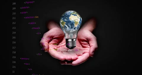 Holding light bulb with Earth, hands over HTML code and spyware animation Stock Footage 303616684