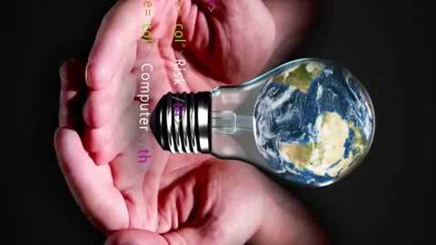 Holding light bulb with Earth, hands over HTML code and spyware animation Stock Footage 313370125