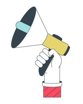 Holding megaphone flat line concept vector spot illustration Stock Illustration