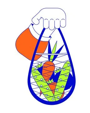 Holding mesh bag with vegetables linear cartoon character hand illustration Stock Illustration