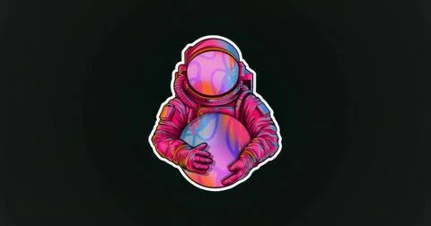 Holding multicolored planet sphere, gradient space suit astronaut floating in Stock Illustration