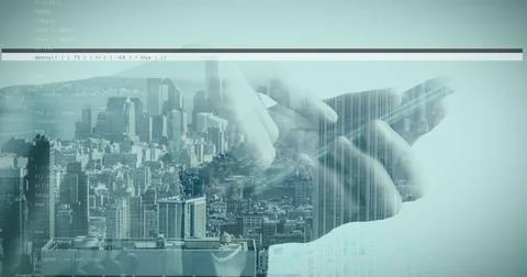 Holding pair of hands interacting with touchscreen tablet over city skyline, 스톡 사진