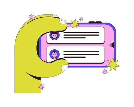 Holding phone horizontally with chat interface neubrutalism instruction graph 스톡 일러스트