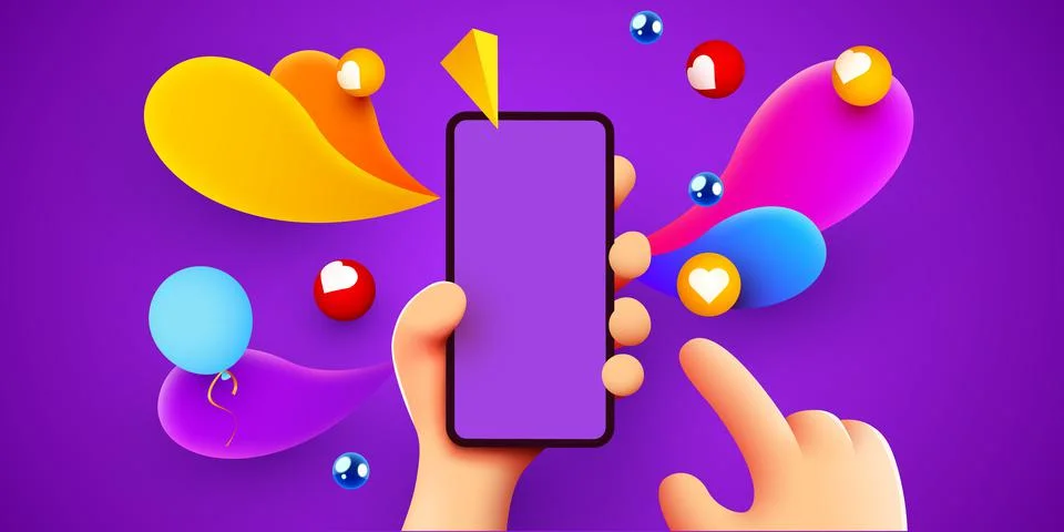 Holding phone in two hands. Phone mockup. Color explosion. Touching screen with Stock Illustration