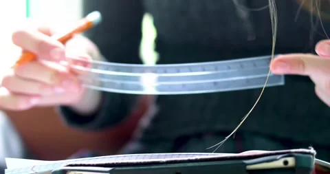Holding a plastic ruler in her hand during math class. Back to school Stock Footage 335782240