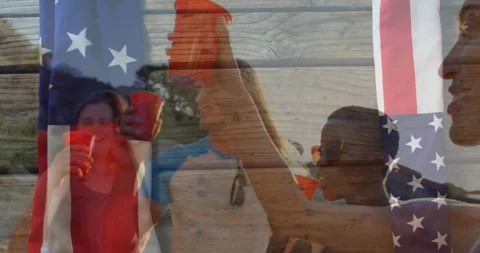 Holding red cups with American flag and wooden texture in animation scene Stock Footage 305123162