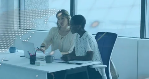 Holding report, professionals spreading sheets and comparing charts under code Stock Footage 329980554