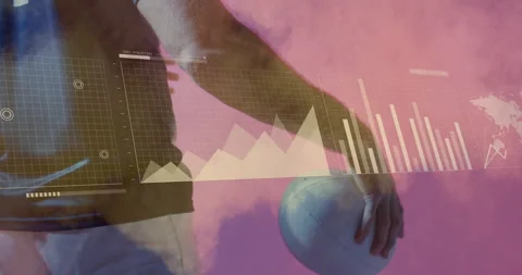 Holding rugby ball, player with animation of data charts overlaying scene Vídeo Stock 305519054