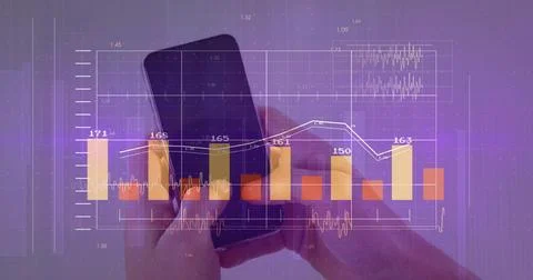 Holding smartphone with hands in digital interface, displaying bar charts lin Stock Photos