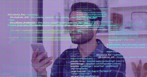 Holding smartphone, man with code animation over grid background, focusing on Stock Footage 303616781