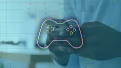 Holding smartphone, person with game controller animation over data charts Vídeo Stock 303949945